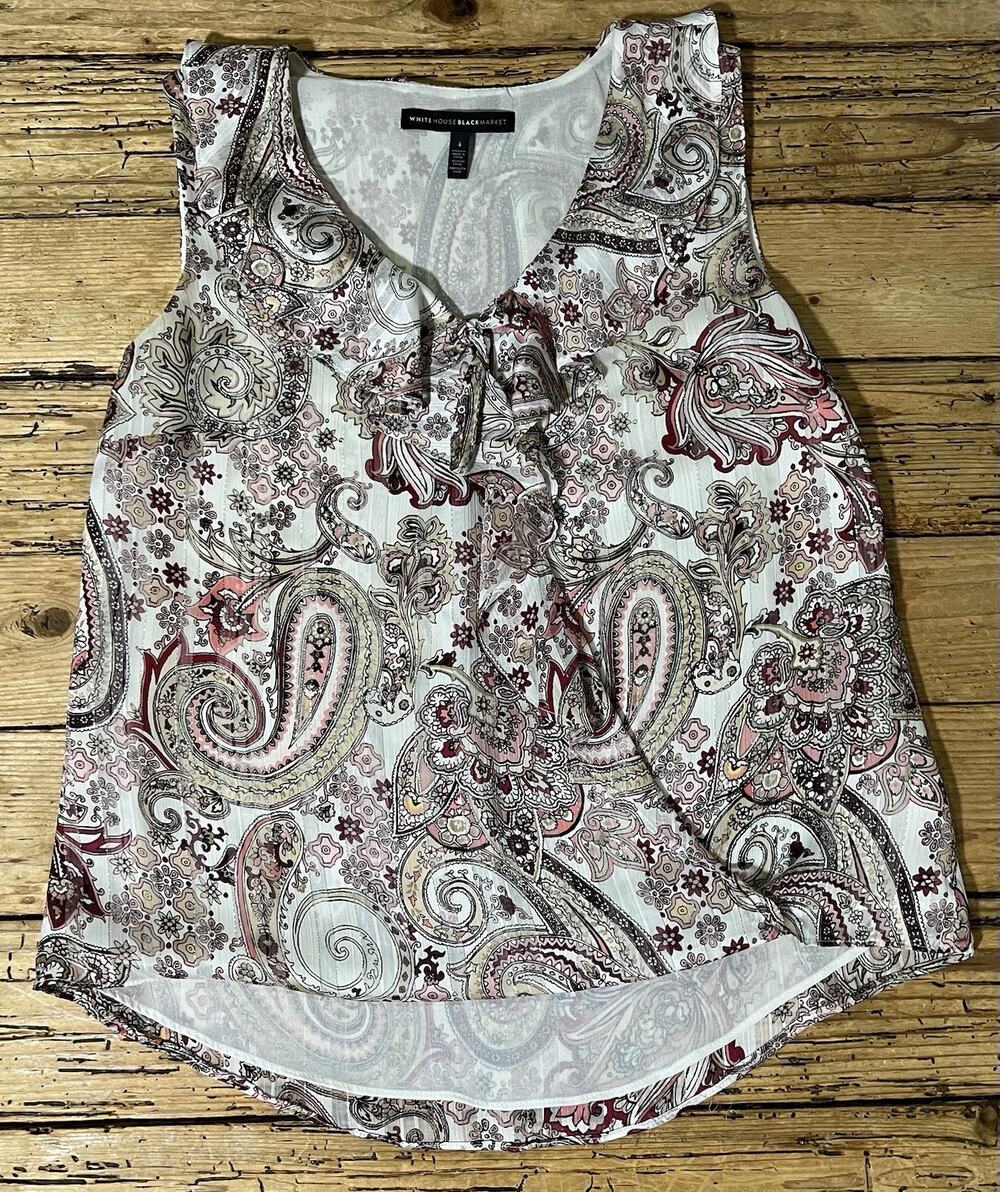 Womens blouse WHITE HOUSE BLACK MARKET sleeveless top multicolored ruffle v-neck